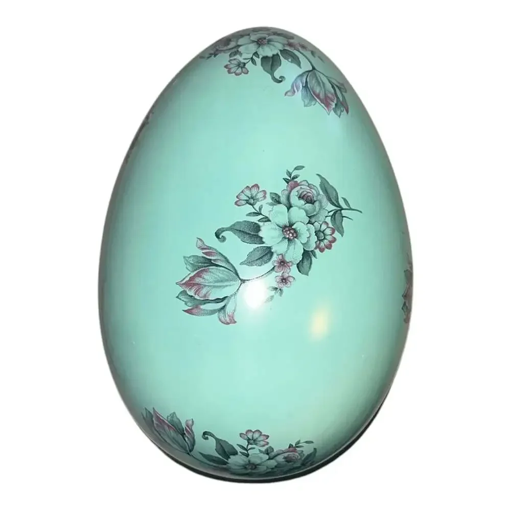 Vintage Ceramic Floral Easter Egg Trinket Box Light Blue with Flowers